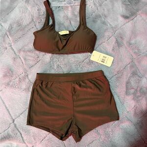 Women’s Brown Swim Top & Shorts Set - Comfortable Two-Piece